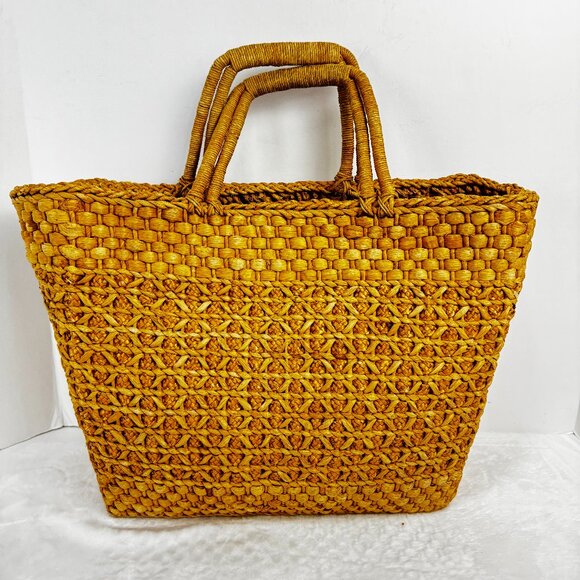 Vintage Straw Handbag Woven Double Handles Beach Bag Tote Structure Boxy Market - Picture 1 of 16